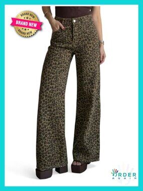 High Waisted Wide Leg Baggy Stretchy Jeans Animal Print Boyfriend